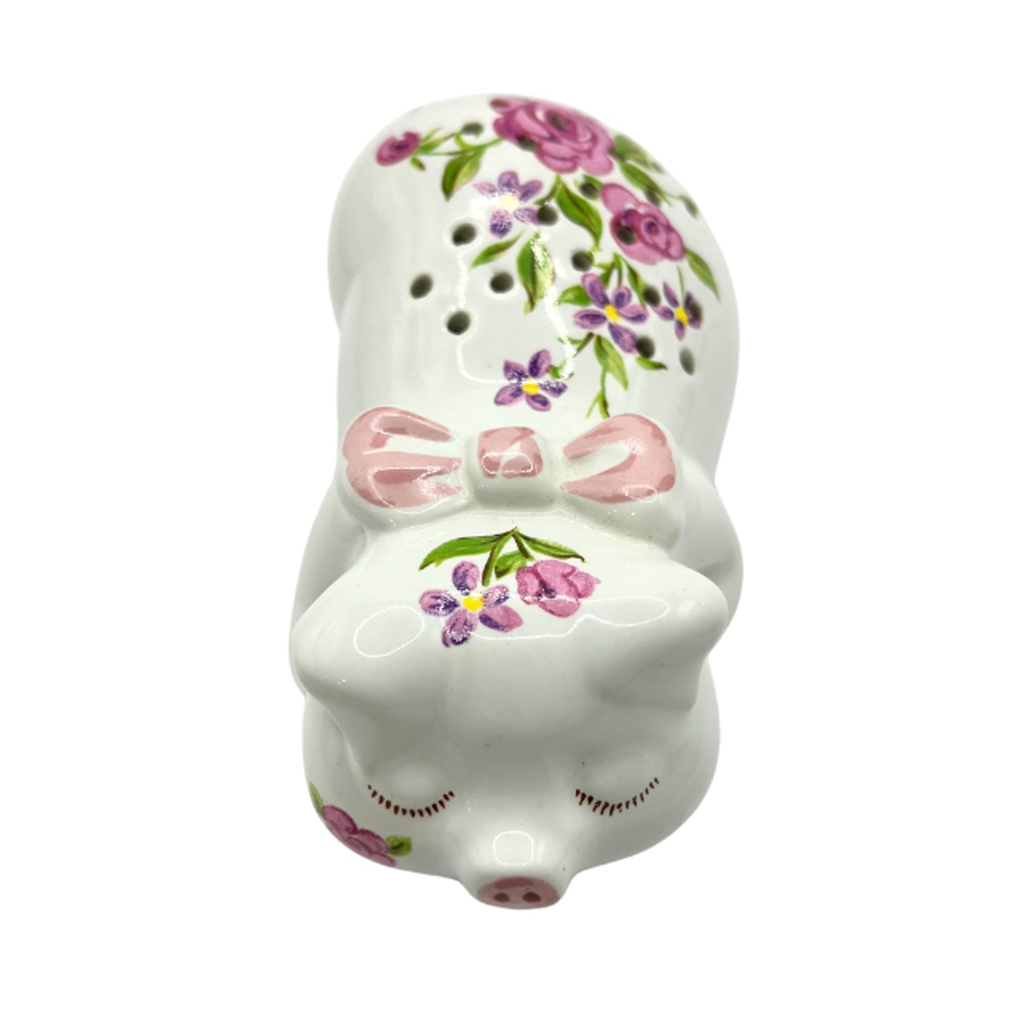 Avon Vintage 1978 Porcelain Sleeping Pig Potpourri Sachet Floral Figurine