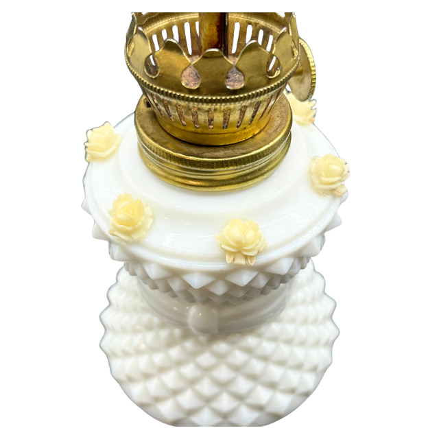 Vintage 8" Miniature Oil Lamp White Milk Glass Diamond Point Base with Ivory Rose Accents
