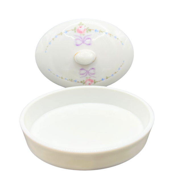 Westmoreland  Roses & Bows Oval Chocolate Box White Milk Glass Cottagecore Decor