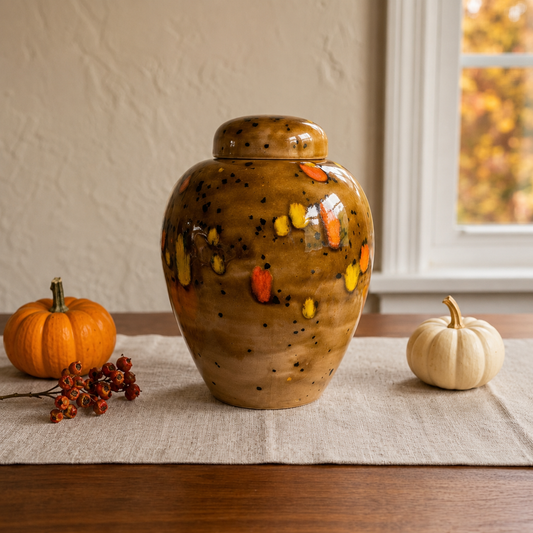 Vintage 70s Studio Pottery Lidded Jar Brown Speckled Glaze Orange Yellow Accents