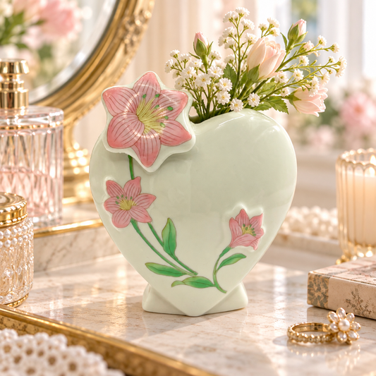Vintage Heart Shaped Porcelain Vase with Lilly Flower Accents