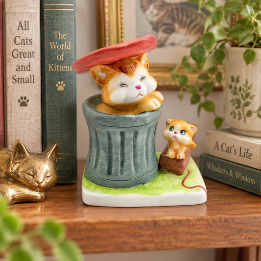 Vintage UCGC Bisque Cat and Kitten Trash Can 4" Figurine Made in Korea