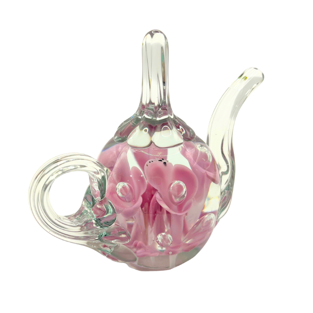 Vintage Hand-Blown Glass Teapot Paperweight Pink Flowers with Controlled Bubble