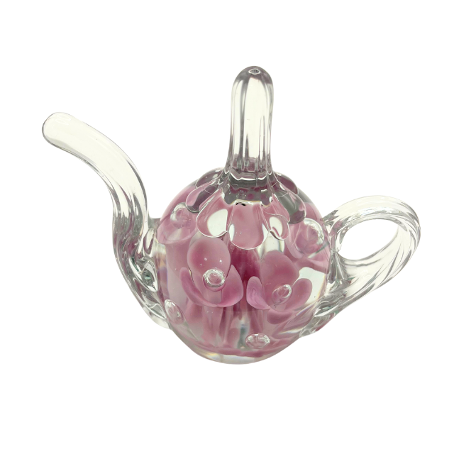 Vintage Hand-Blown Glass Teapot Paperweight Pink Flowers with Controlled Bubble