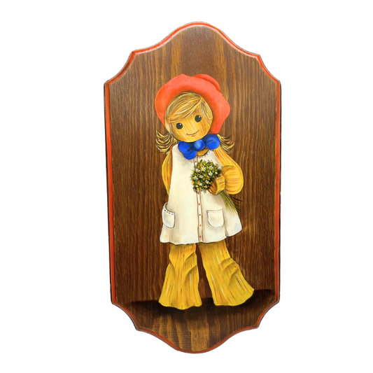 Vintage 1970s  Cornstalk Girl Wood Wall Decor Plaque Kitsch Painting Signed