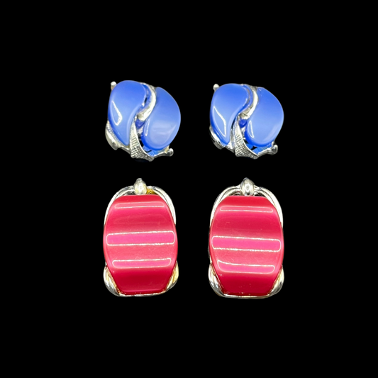 * Two Pairs of Vintage Silver Tone Thermoset Lucite Moon Glow Clip On Earrings