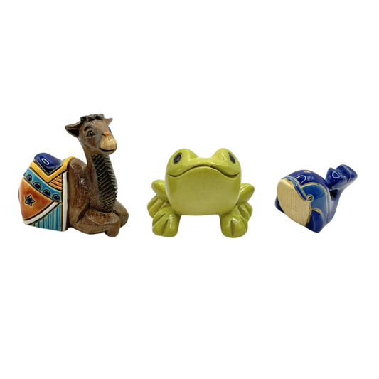 Vintage Artesania Rinconada Mixed Set: Two-Humped Baby Camel, Blue Whale, & Tree Frog