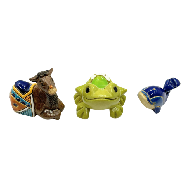 Vintage Artesania Rinconada Mixed Set: Two-Humped Baby Camel, Blue Whale, & Tree Frog
