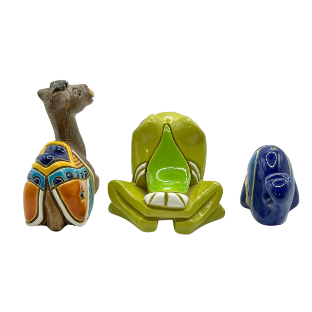 Vintage Artesania Rinconada Mixed Set: Two-Humped Baby Camel, Blue Whale, & Tree Frog