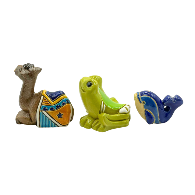 Vintage Artesania Rinconada Mixed Set: Two-Humped Baby Camel, Blue Whale, & Tree Frog