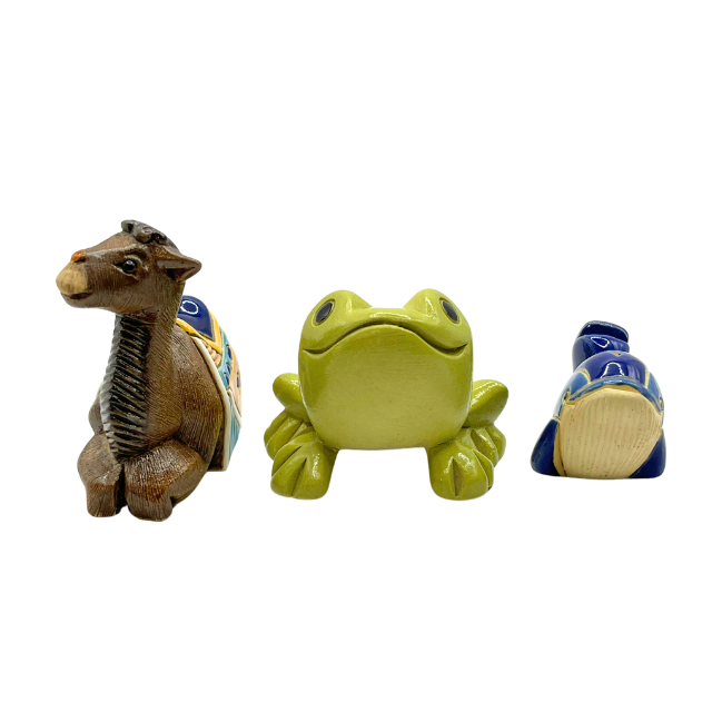 Vintage Artesania Rinconada Mixed Set: Two-Humped Baby Camel, Blue Whale, & Tree Frog