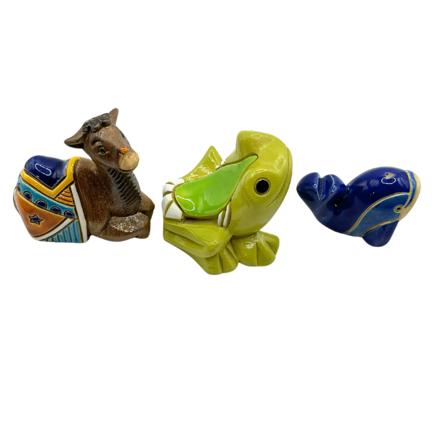 Vintage Artesania Rinconada Mixed Set: Two-Humped Baby Camel, Blue Whale, & Tree Frog