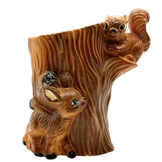 Vintage Norcrest Ceramic Tree Planter Vase with Deer and Squirrel Kitschy 6"
