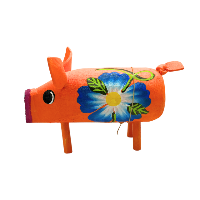 Hand Crafted Navajo Folk Art Pig Orange with Blue Flowers Navajo Artist Monty Begaye
