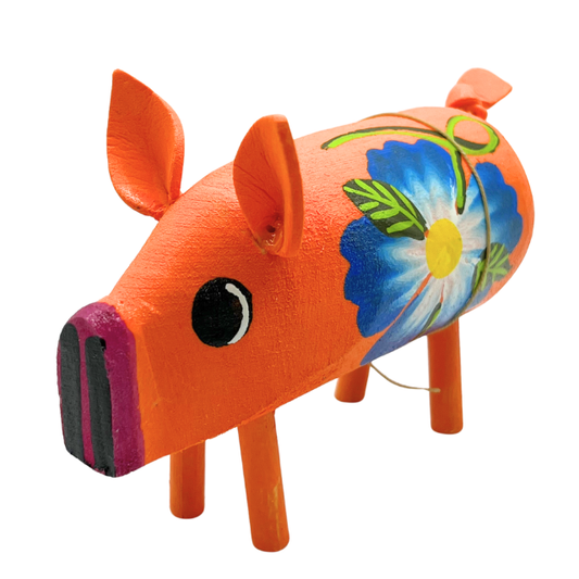 Hand Crafted Navajo Folk Art Pig Orange with Blue Flowers Navajo Artist Monty Begaye