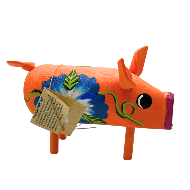 Hand Crafted Navajo Folk Art Pig Orange with Blue Flowers Navajo Artist Monty Begaye