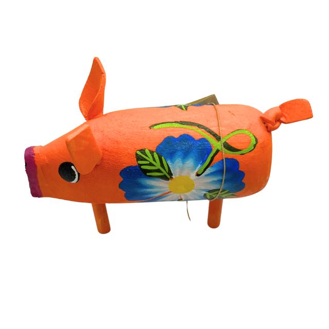 Hand Crafted Navajo Folk Art Pig Orange with Blue Flowers Navajo Artist Monty Begaye