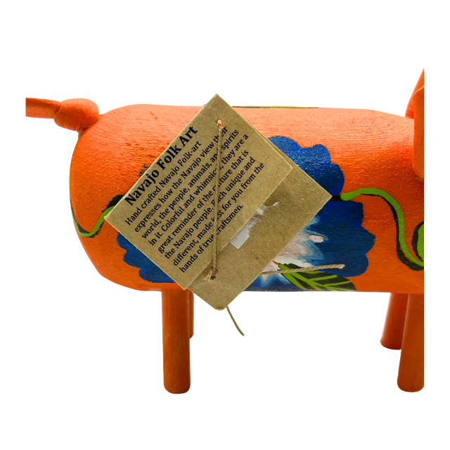 Hand Crafted Navajo Folk Art Pig Orange with Blue Flowers Navajo Artist Monty Begaye