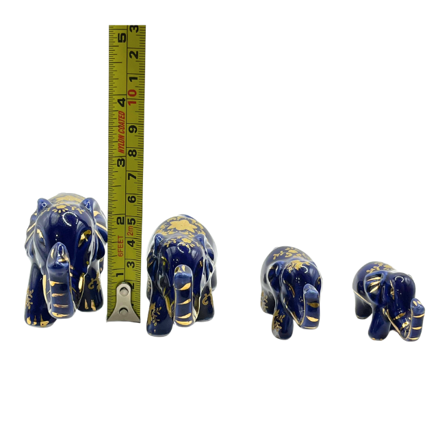 Vintage Cobalt Blue Porcelain Elephants with Intricate Gold Gilt Detailing Limoges Style Collectable Figurines