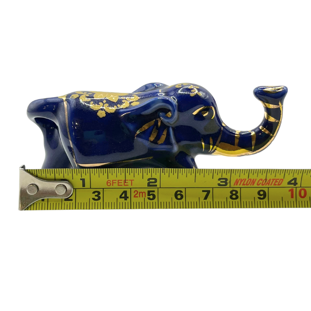 Vintage Cobalt Blue Porcelain Elephants with Intricate Gold Gilt Detailing Limoges Style Collectable Figurines