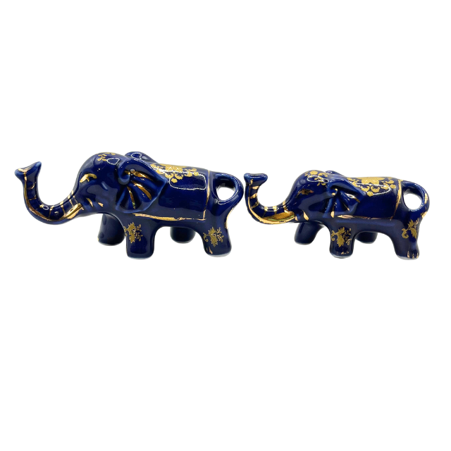 Vintage Cobalt Blue Porcelain Elephants with Intricate Gold Gilt Detailing Limoges Style Collectable Figurines