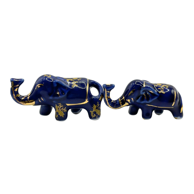 Vintage Cobalt Blue Porcelain Elephants with Intricate Gold Gilt Detailing Limoges Style Collectable Figurines