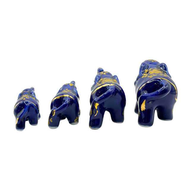 Vintage Cobalt Blue Porcelain Elephants with Intricate Gold Gilt Detailing Limoges Style Collectable Figurines