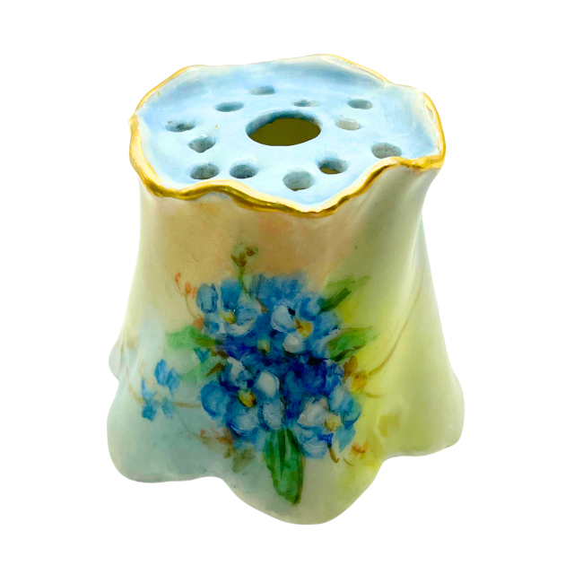 Antique Porcelain Vanity Hat Pin Holder 1.5" Signed 1900s Floral Hand Painted Decor