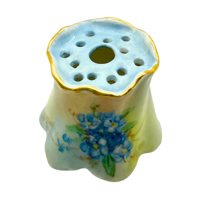 Antique Porcelain Vanity Hat Pin Holder 1.5" Signed 1900s Floral Hand Painted Decor