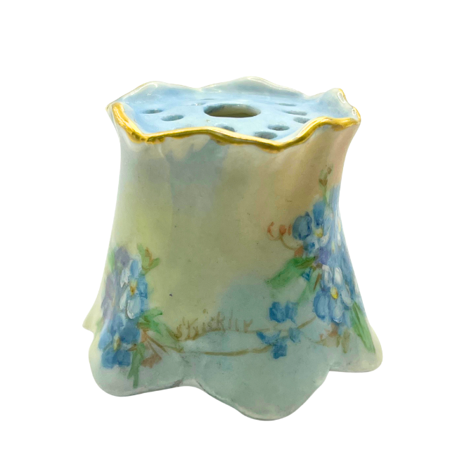 Antique Porcelain Vanity Hat Pin Holder 1.5" Signed 1900s Floral Hand Painted Decor