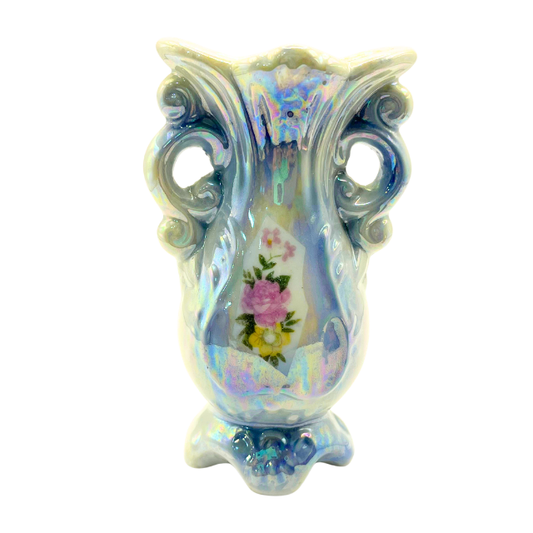Vintage Blue Iridescent Bud Vase 4.5” Lustreware Scalloped Rim Grannycore Collectable