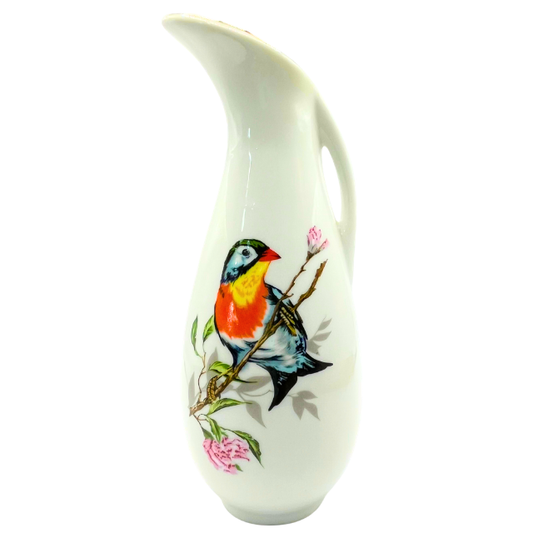 Vintage White Ceramic Bird Pitcher - Songbird & Cherry Blossom Decorative Ewer 7.5"