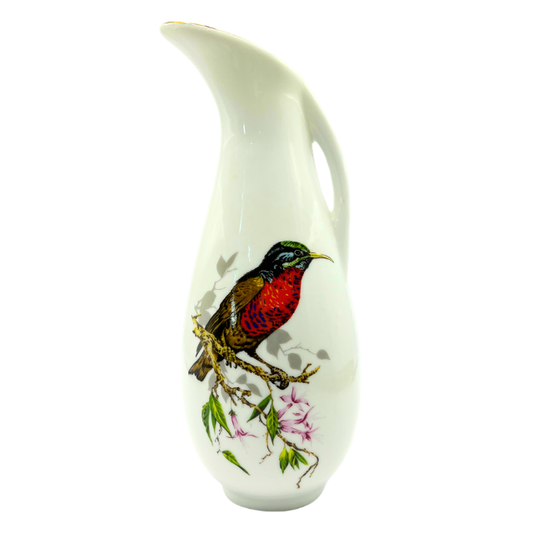 Vintage White Ceramic Pitcher with Colorful Bird on Branch - Decorative Ewer 7.5"