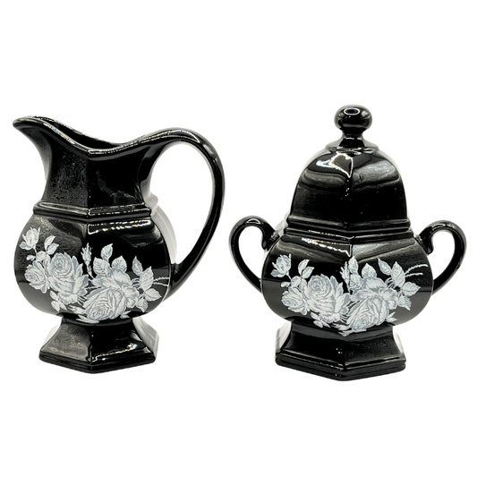 Vintage Moody Cottagecore Black Ceramic Creamer & Sugar Set with Roses