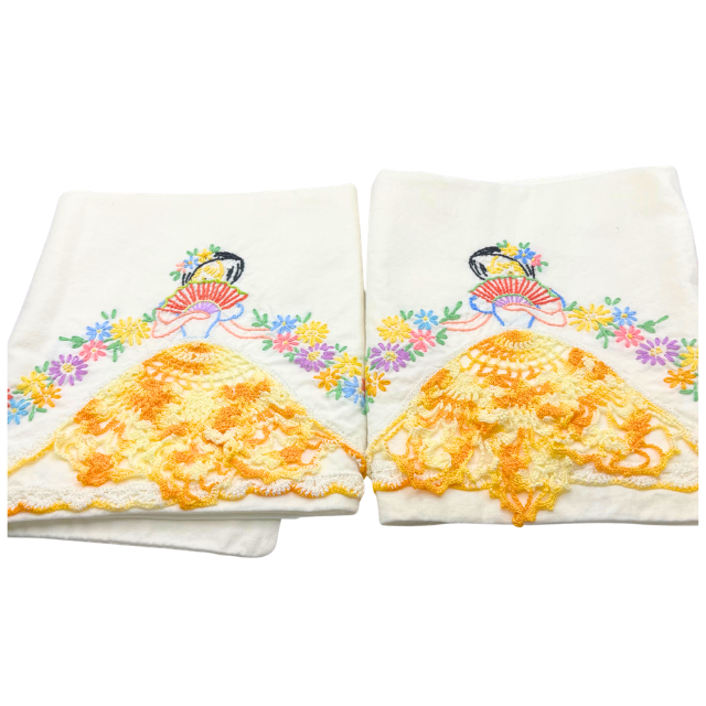 Reserved for Brenda S. - Southern Belle Brightly Colored Crocheted Dress with Matching Trim Pillowcases