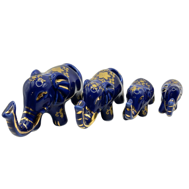 Vintage Cobalt Blue Porcelain Elephants with Intricate Gold Gilt Detailing Limoges Style Collectable Figurines