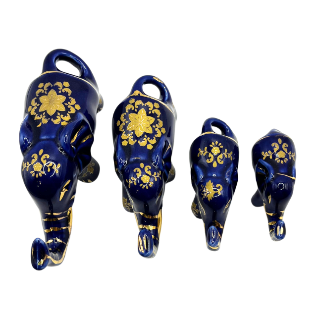 Vintage Cobalt Blue Porcelain Elephants with Intricate Gold Gilt Detailing Limoges Style Collectable Figurines