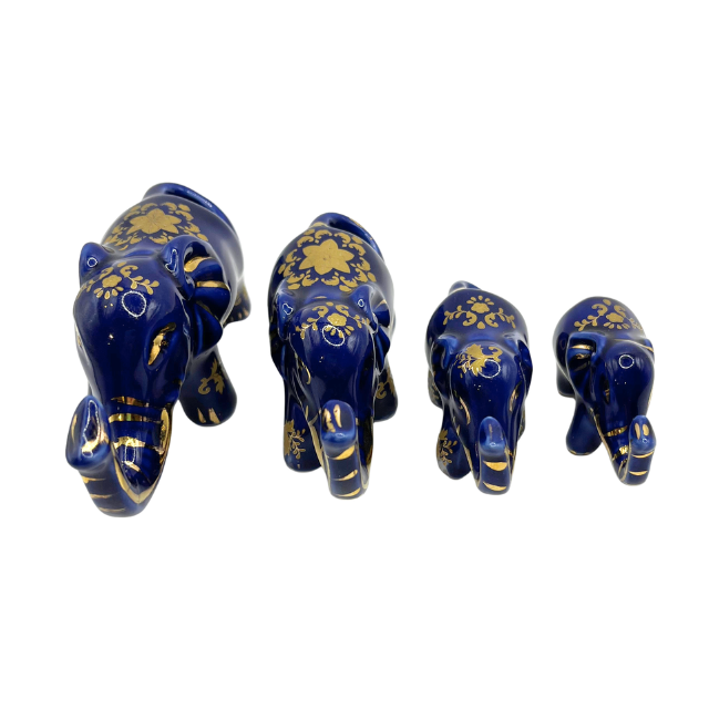 Vintage Cobalt Blue Porcelain Elephants with Intricate Gold Gilt Detailing Limoges Style Collectable Figurines