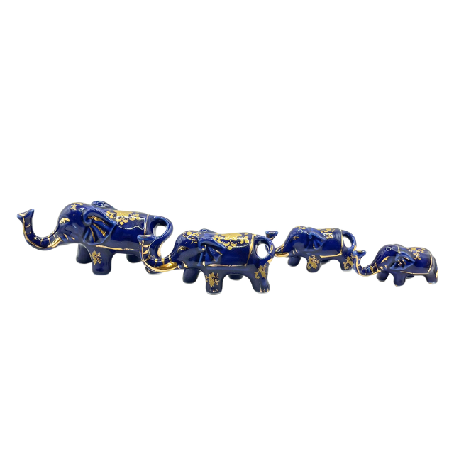 Vintage Cobalt Blue Porcelain Elephants with Intricate Gold Gilt Detailing Limoges Style Collectable Figurines