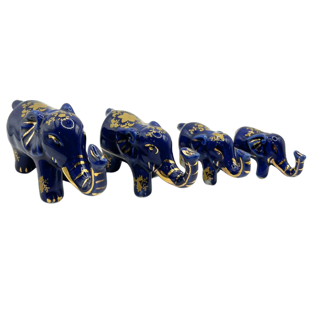 Vintage Cobalt Blue Porcelain Elephants with Intricate Gold Gilt Detailing Limoges Style Collectable Figurines