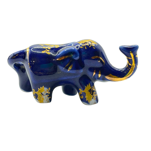 Vintage Cobalt Blue Porcelain Elephants with Intricate Gold Gilt Detailing Limoges Style Collectable Figurines