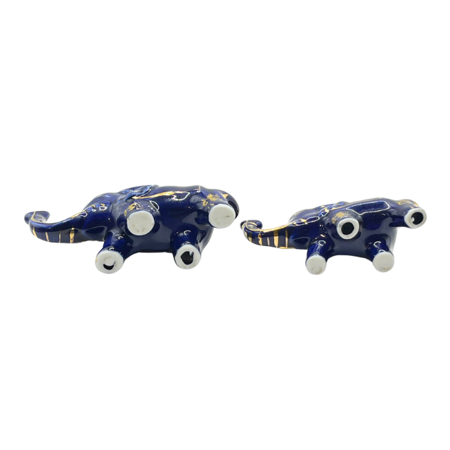 Vintage Cobalt Blue Porcelain Elephants with Intricate Gold Gilt Detailing Limoges Style Collectable Figurines