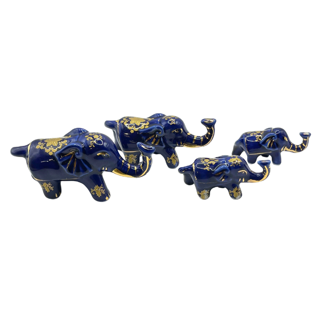 Vintage Cobalt Blue Porcelain Elephants with Intricate Gold Gilt Detailing Limoges Style Collectable Figurines