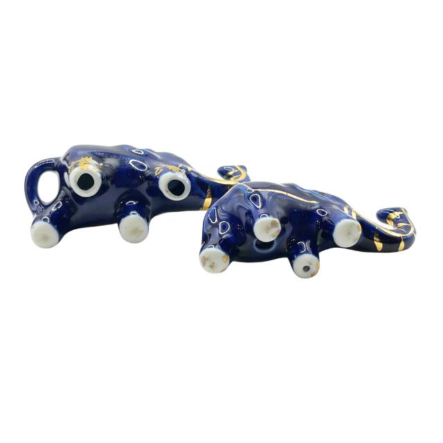 Vintage Cobalt Blue Porcelain Elephants with Intricate Gold Gilt Detailing Limoges Style Collectable Figurines
