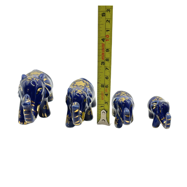 Vintage Cobalt Blue Porcelain Elephants with Intricate Gold Gilt Detailing Limoges Style Collectable Figurines