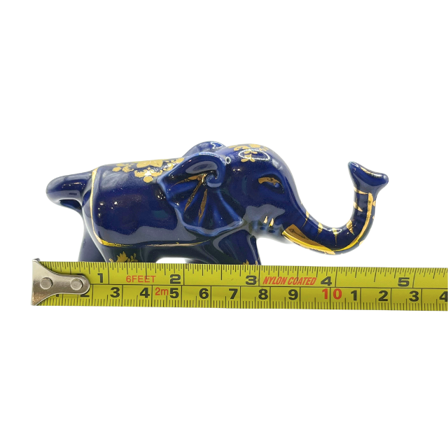 Vintage Cobalt Blue Porcelain Elephants with Intricate Gold Gilt Detailing Limoges Style Collectable Figurines