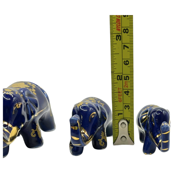 Vintage Cobalt Blue Porcelain Elephants with Intricate Gold Gilt Detailing Limoges Style Collectable Figurines