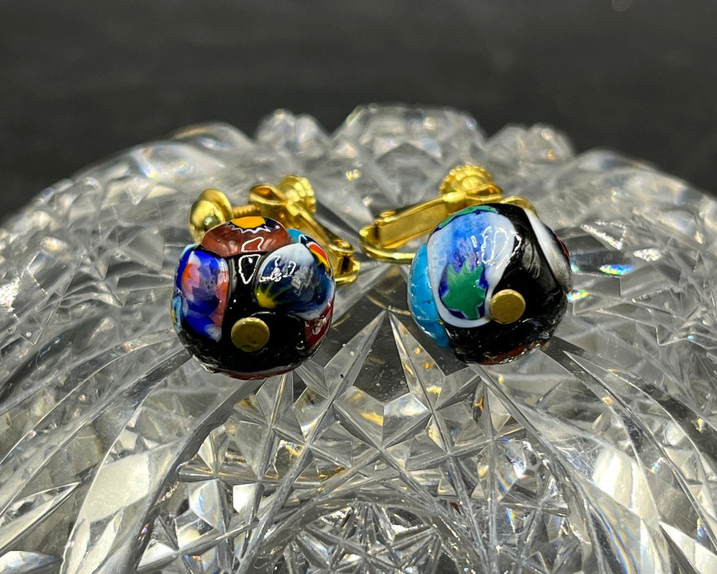 Vintage Millefiori Art Glass ClipOn Earrings