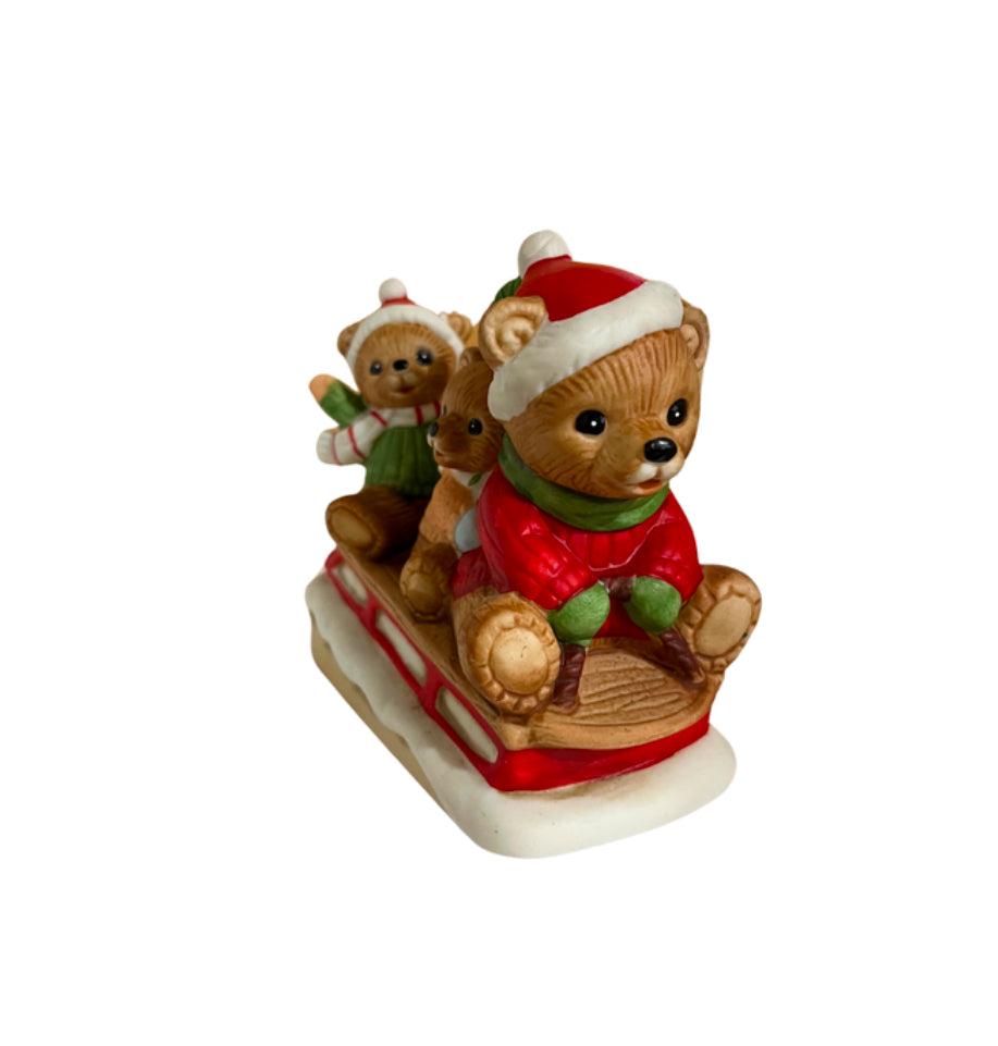Vintage Homco Three Bears on  Sled Christmas Figurine