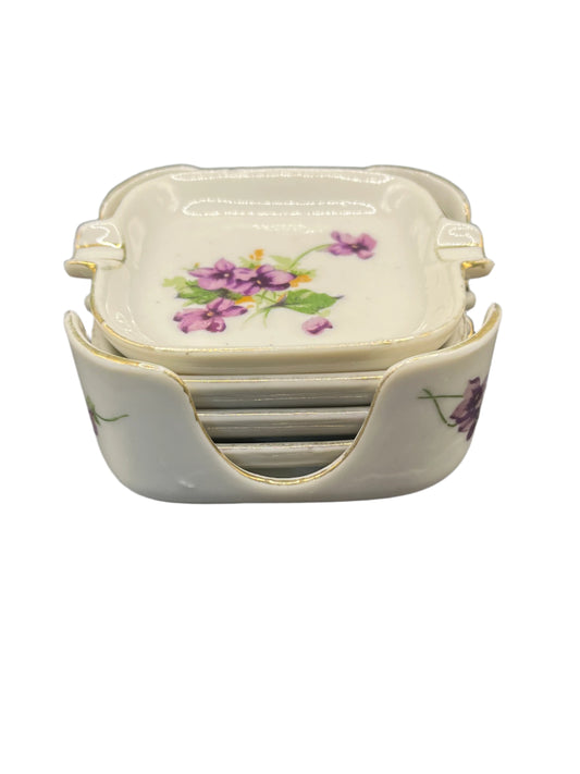 Vintage Violet/Wild Rose Porcelain Ash Trays/ Teabag Holders in Caddy *Married Set/ Sings of Use and Age